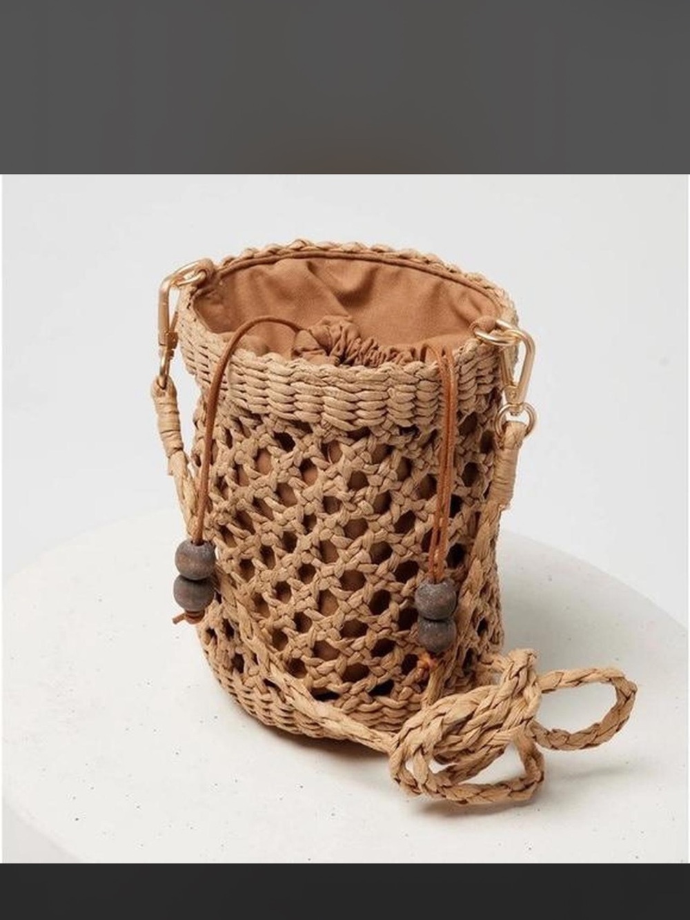 Woven Drawstring Bucket Bag in Tan